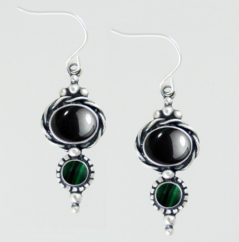 Sterling Silver Drop Dangle Earrings With Hematite And Malachite